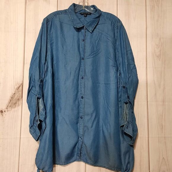 Zac‎ & Rachel Woman 2X Blue Denim Roll Tab Long Sleeve Button Up Shirt - Picture 1 of 9